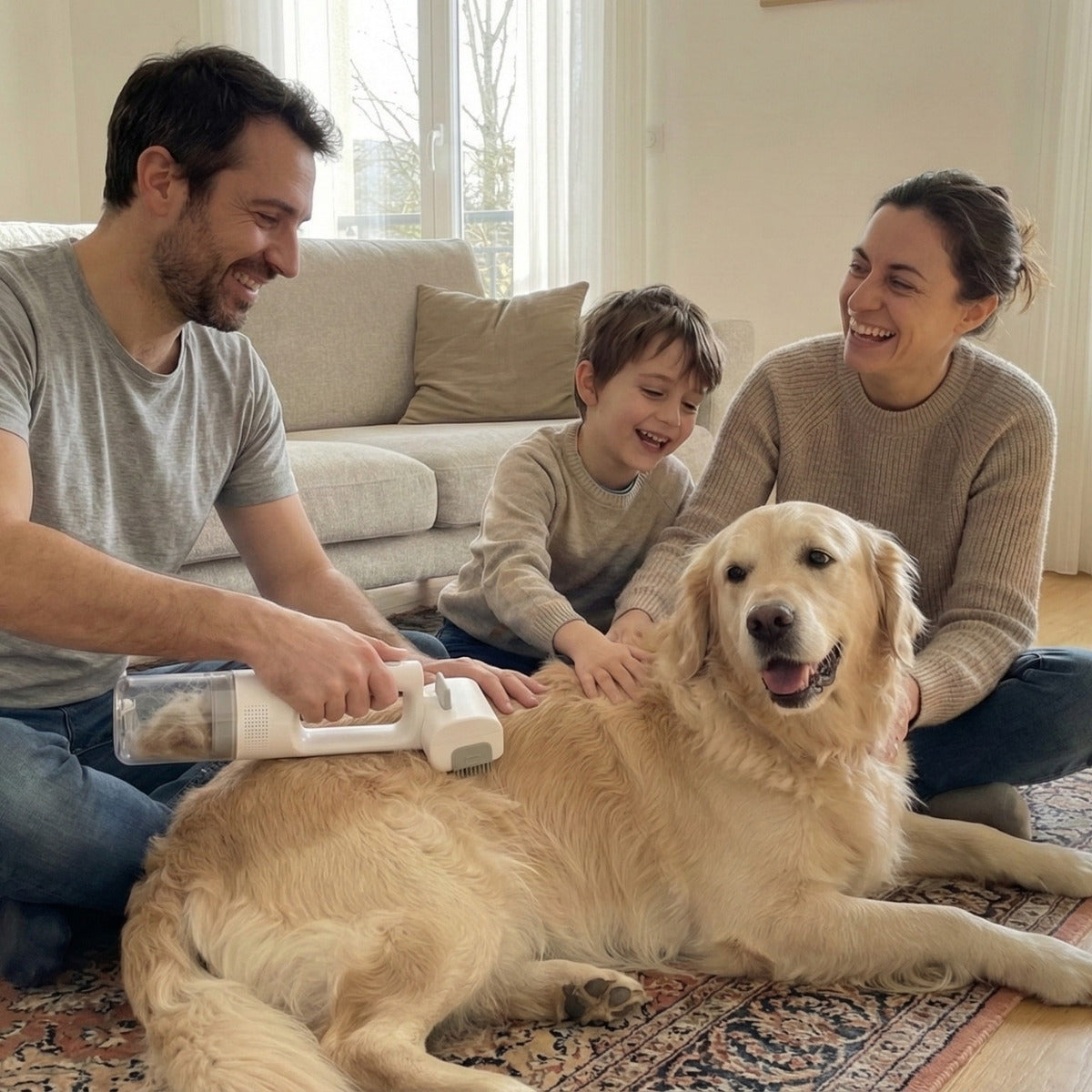 Familie entfernt Tierhaare mit kabellosem Handstaubsauger von Hund im Wohnzimmer, sorgt für saubere und hygienische Umgebung für Mensch und Tier.