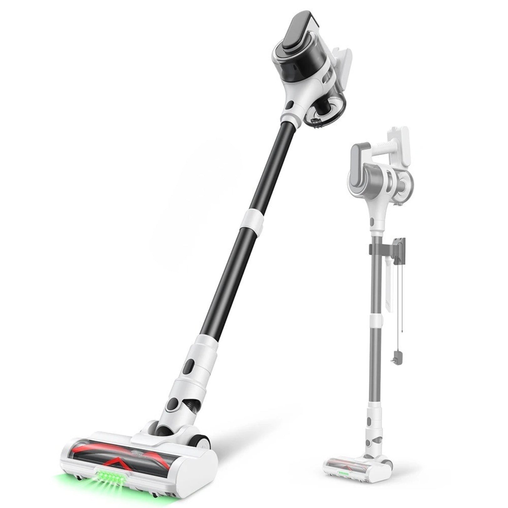 Kabelloser Akku-Staubsauger mit Wandhalterung und LED-Bodendüse für flexible und platzsparende Reinigung im Haushalt