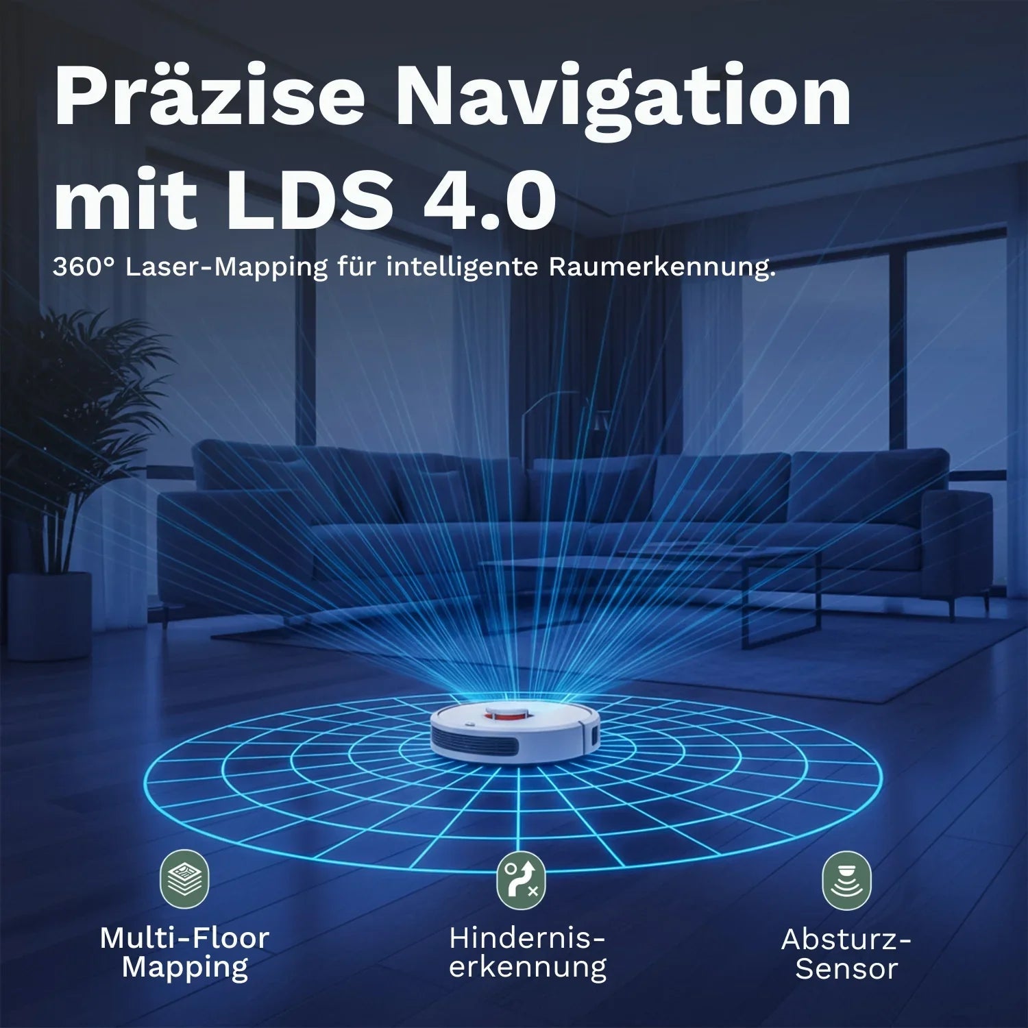 Saugroboter mit LDS 4.0 Laser-Navigation scannt Raum in 360°, erkennt Hindernisse und erstellt präzise Karten für effiziente und sichere Reinigung.