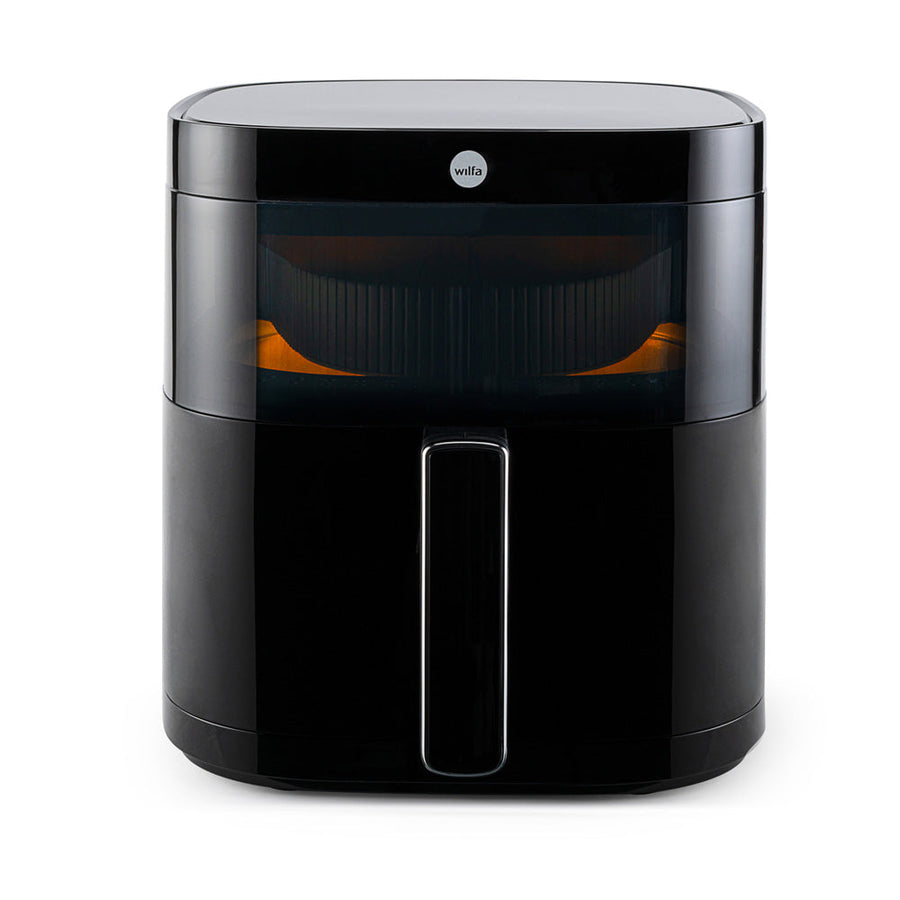 Schwarze Airfryer-Heissluftfritteuse mit Frontfenster und Griff, zeigt gleichmässige Zubereitung im Inneren für knusprige Ergebnisse.