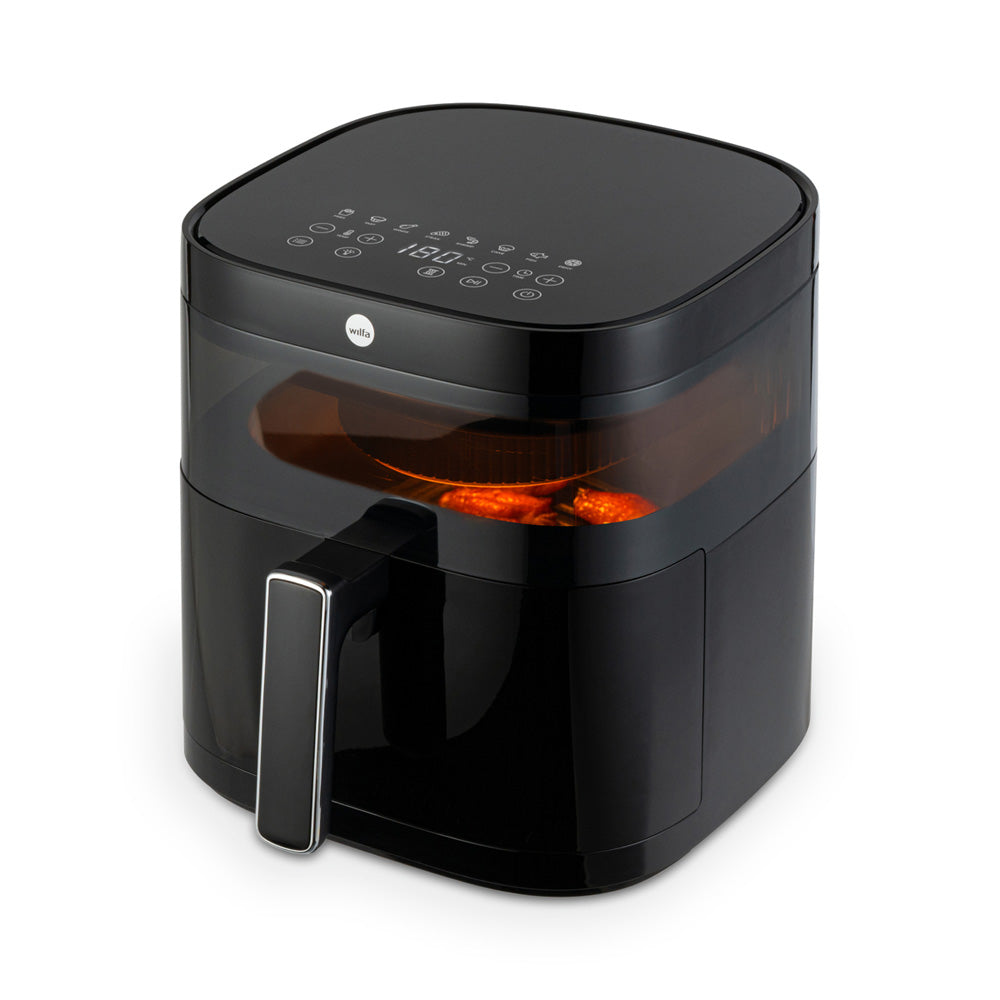 Schwarze Airfryer-Heissluftfritteuse mit Sichtfenster und digitalem Touchdisplay, zeigt laufenden Garprozess mit gleichmässiger Heissluftzirkulation.